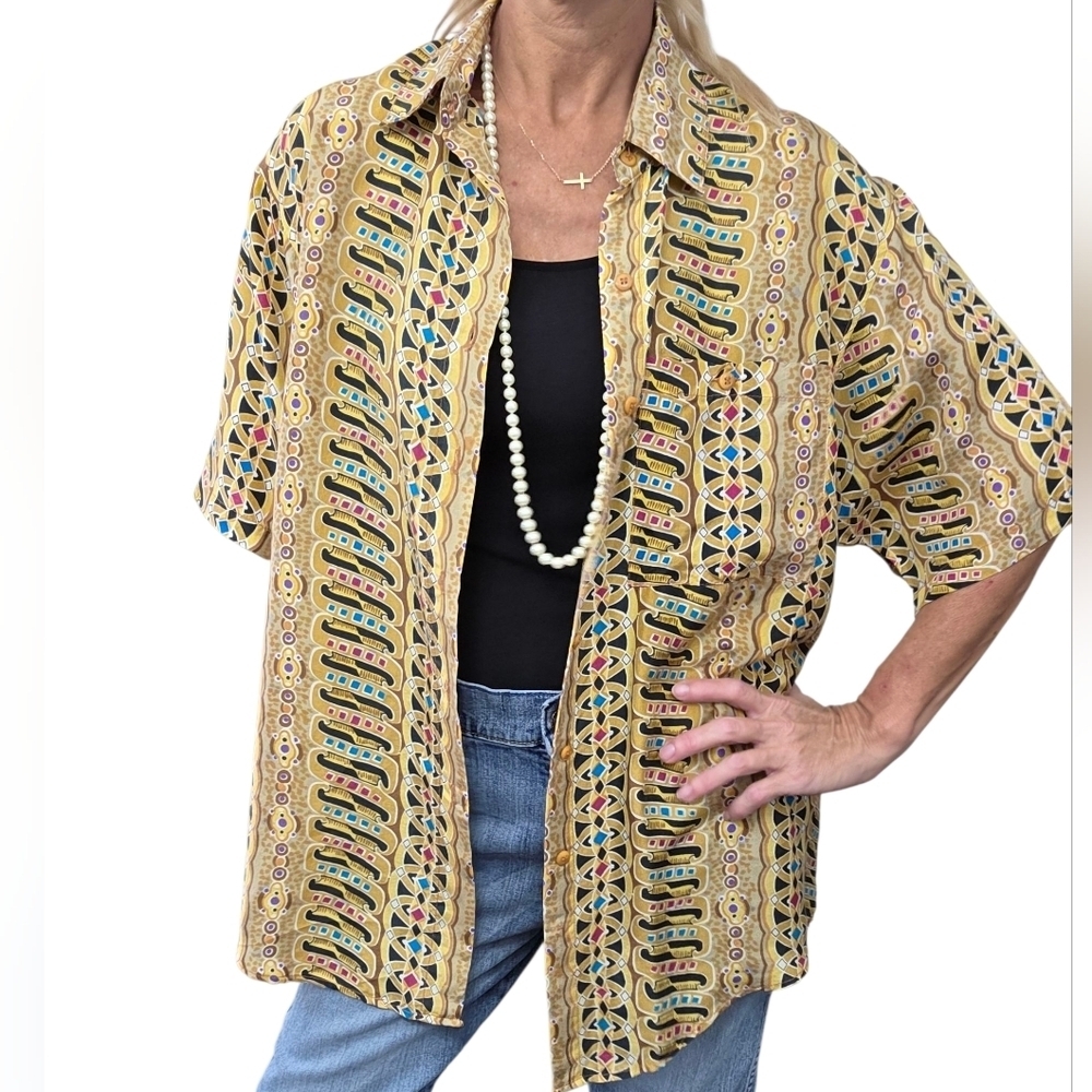 Vintage 90s Stunt Collections 100% Silk Abstract Print Shirt M